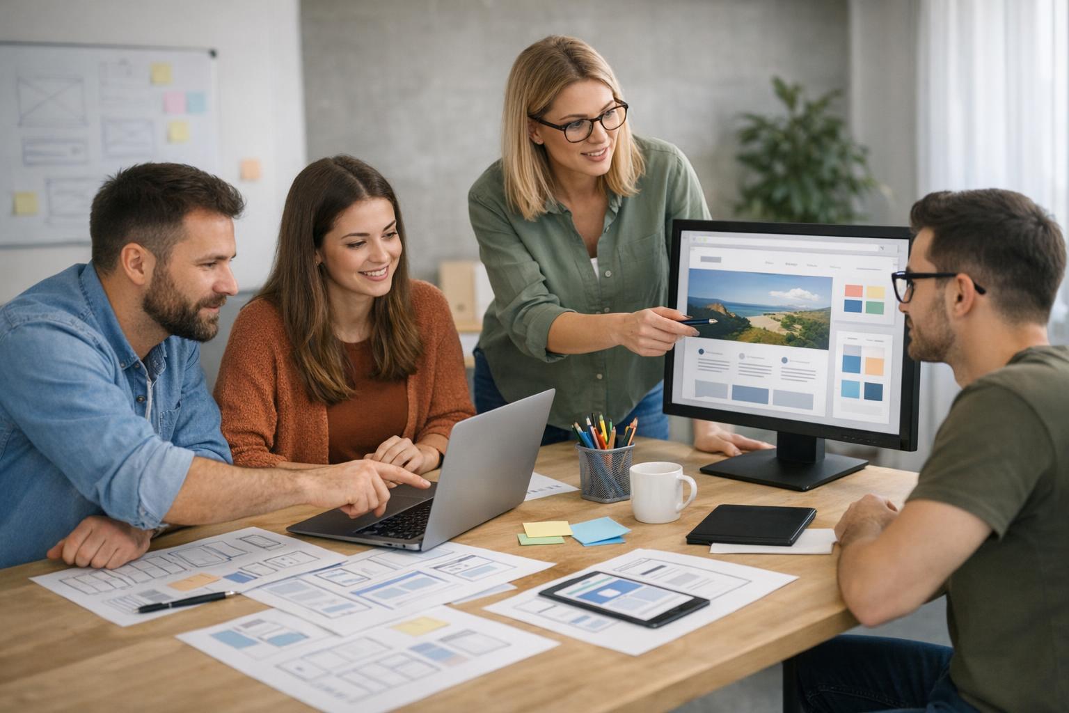 Zdjęcie przedstawiające zespół pracujący nad stroną internetową w biurze