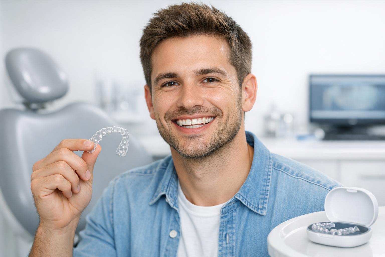 Zdjęcie uśmiechnięty pacjent z alignerami Invisalign w gabinecie